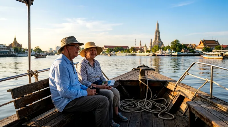 Elderly couple seated on Chao Phraya river cruise at sunrise