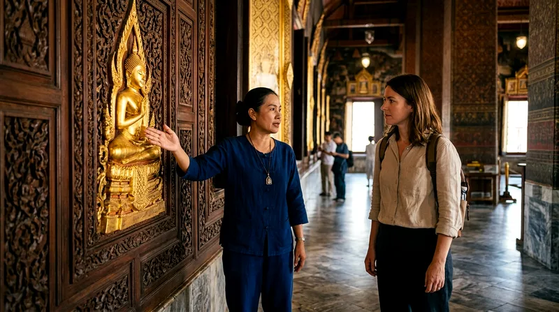 Guide explaining golden Buddha statue details to solo visitor
