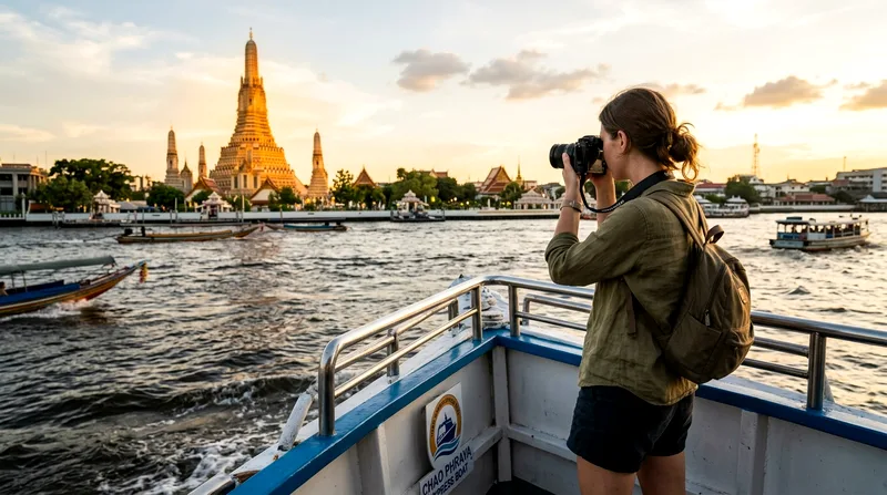Solo traveler photographing Wat Arun from express boat at dusk