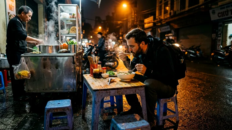 Solo backpacker eating noodles at street stall at dawn