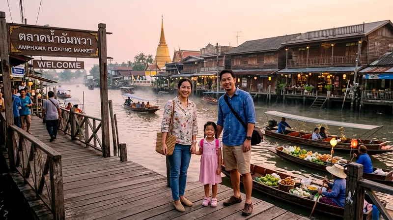 Family entering Amphawa Floating Market pier at dawn