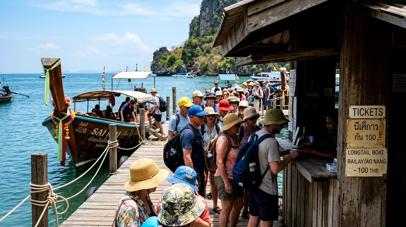 Crowd of tourists boarding longtail boats for Maeklong Railway Market