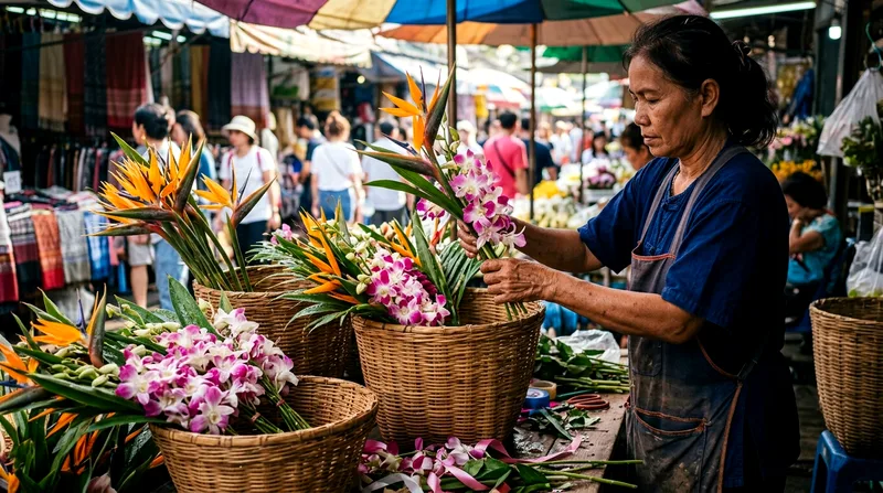 Vendor arranging fresh orchids and tropical flowers in Chatuchak stall