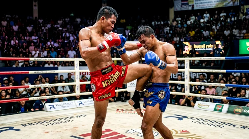 Fighter executing high knee strike during evening match