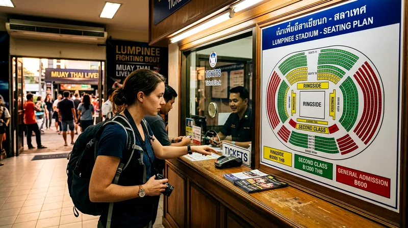 Traveler reading seating chart and pricing at ticket window