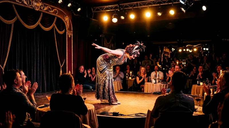 Cabaret performer in elaborate costume taking bow on stage