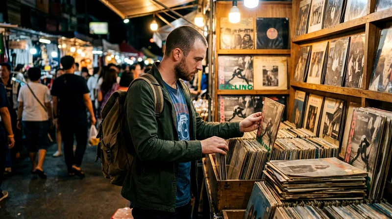 Solo backpacker examining vintage vinyl records at Rot Fai stall