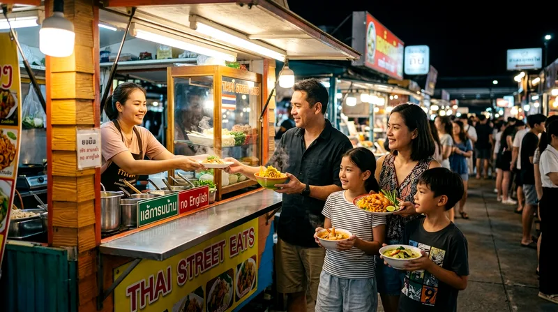 Family tasting multiple dishes at Jodd Fairs food truck stall