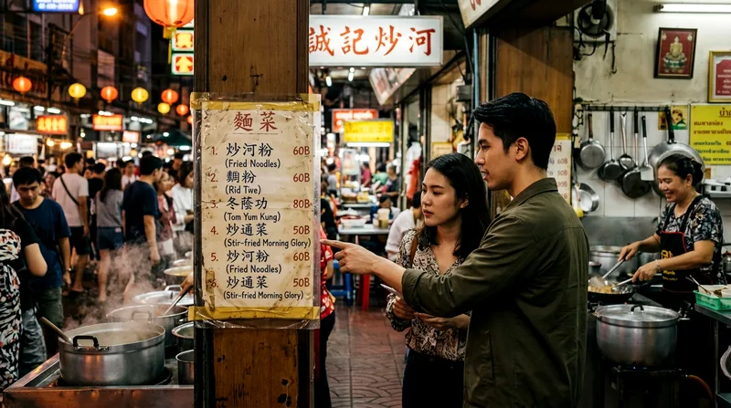 Couple comparing prices on laminated menu at market stall