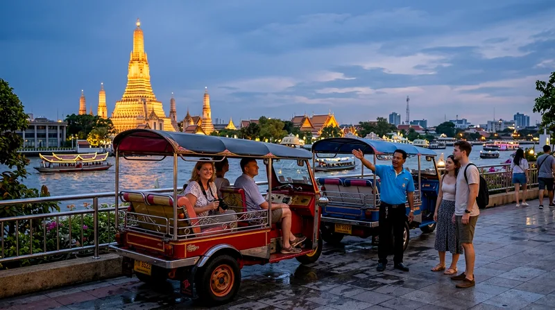 Tour group of five tourists in two tuk-tuks at riverside temple at dusk