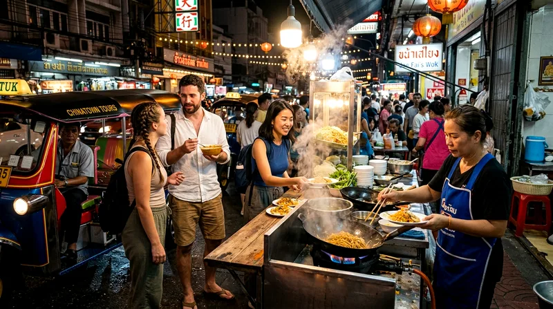 Night market vendor serving food to tuk-tuk tour passengers