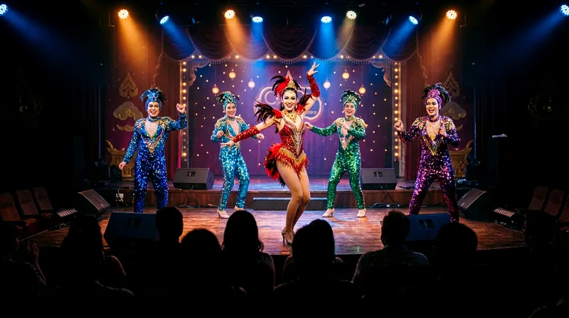 Performers in sequined costumes on stage at cabaret theater