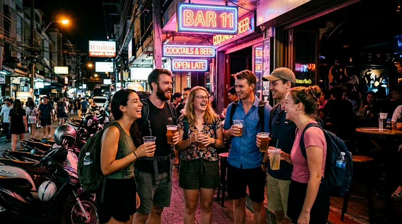 Young backpackers holding plastic cups at crowded Soi 11 bar entrance
