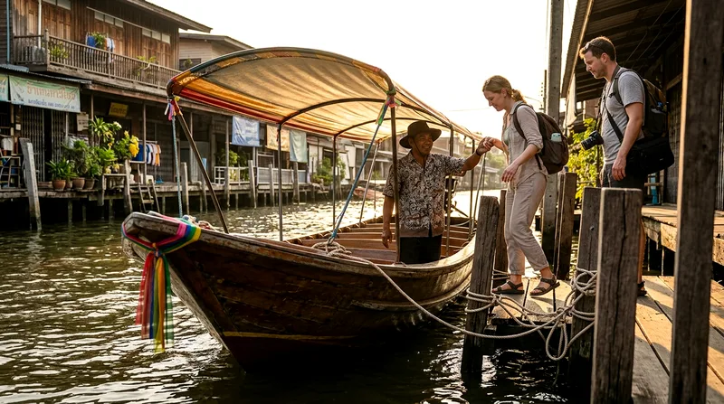 Two visitors and private guide stepping onto narrow longtail boat