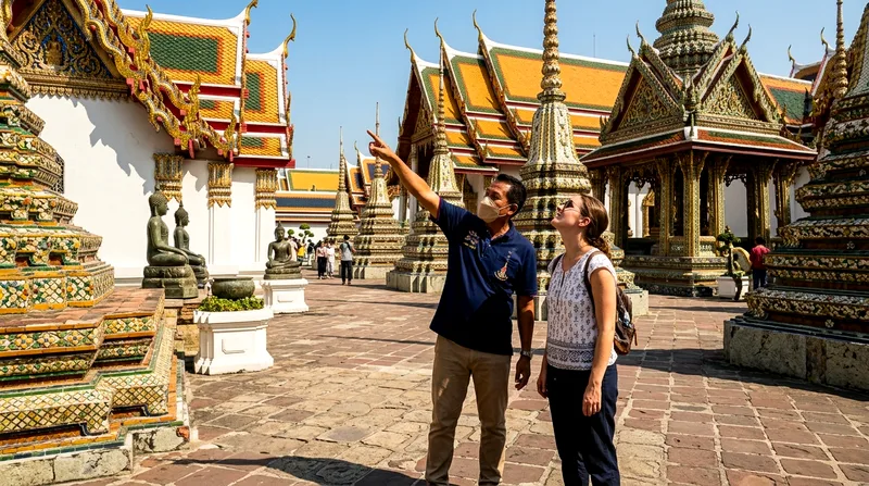 Guide explaining Wat Pho architectural details to visitor at temple
