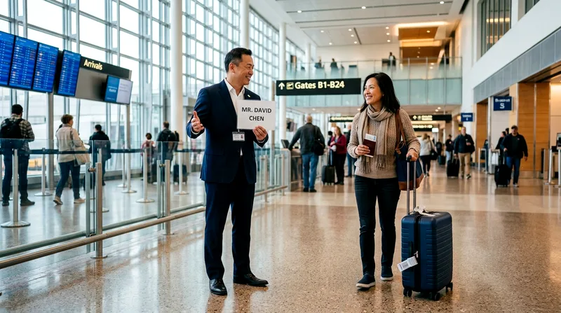 Professional driver holding nameplate greeting passenger at airport arrivals