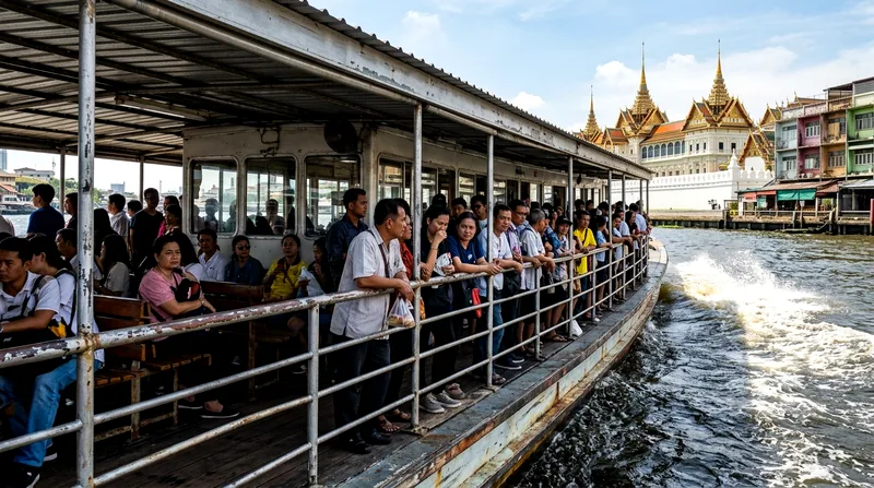 Passengers at railings of Chao Phraya Express Boat watching temples