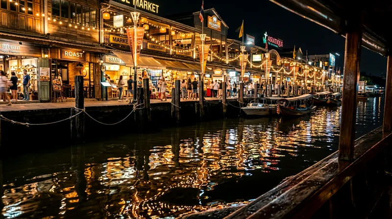 Asiatique night market riverside stalls glowing under string lights