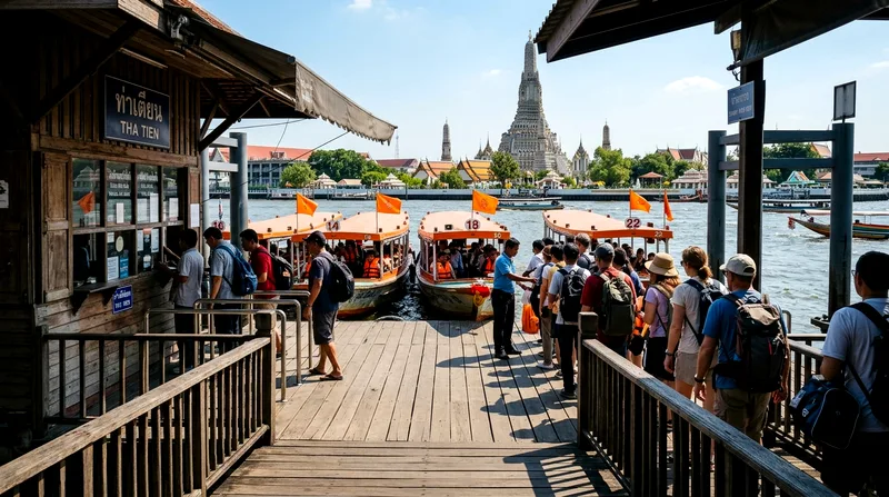 Tha Tien pier ticket booth and platform for orange-flag express boats at midday