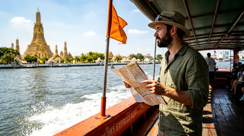 Tourist with map at bow of express boat identifying passing temples during daytime