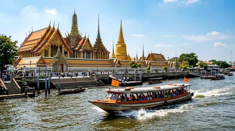 Express boat passing Wat Pho's riverside temple walls at its river landing