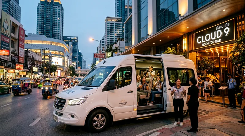 Private van of tourists arriving at rooftop bar entrance at dusk