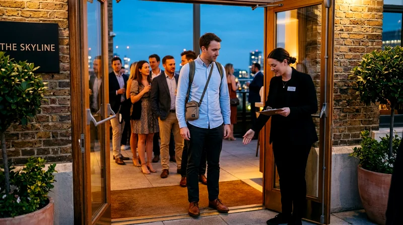 Tourist in smart casual attire being checked by rooftop bar staff