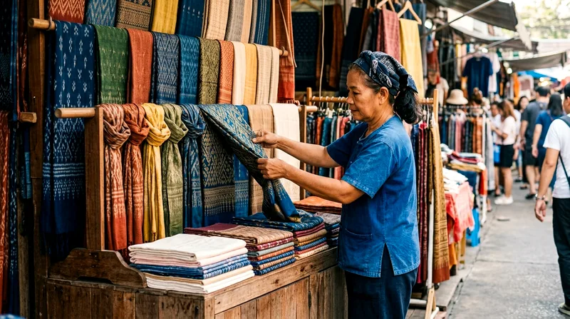 Vendor displaying handwoven textile scarves at artisan stall