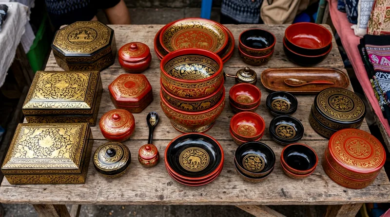 Close-up of stacked lacquerware bowls and boxes on table