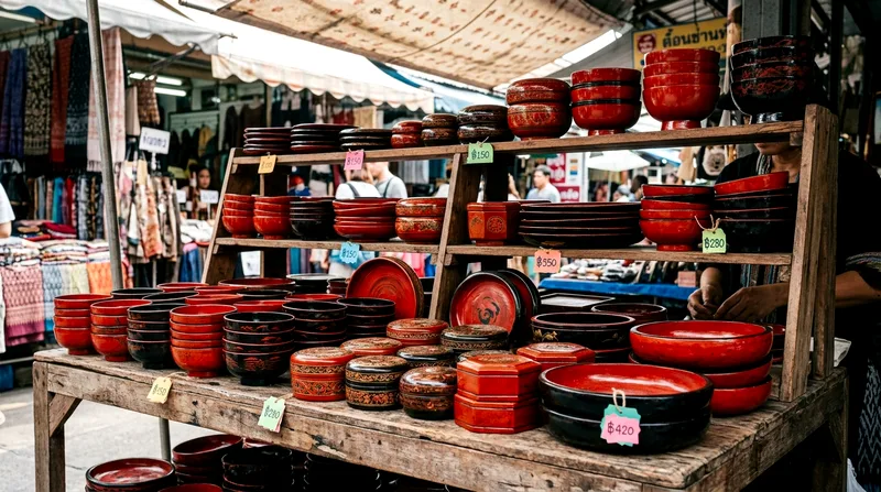 Vendor displaying stacked lacquerware at Chatuchak market stall
