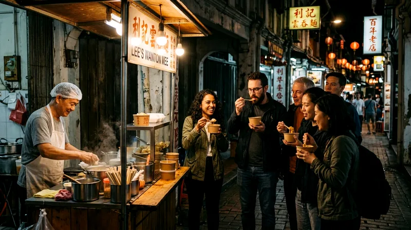 Tour group tasting samples at a small Chinatown street stall