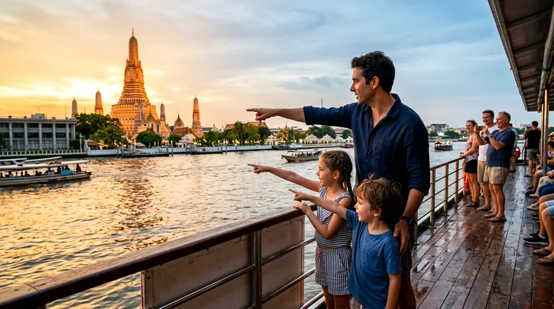 Children pointing at illuminated Wat Arun temple from sunset cruise boat deck