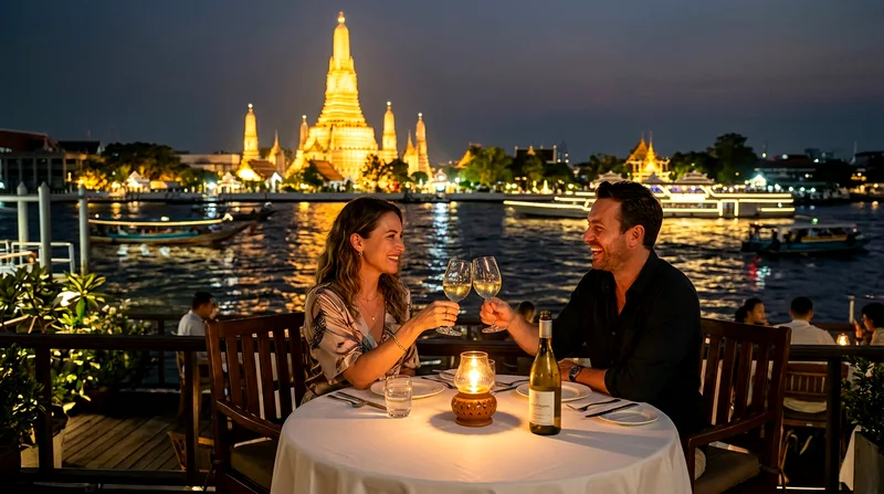 Couple toasting wine glasses at riverside table with Wat Arun lit across river