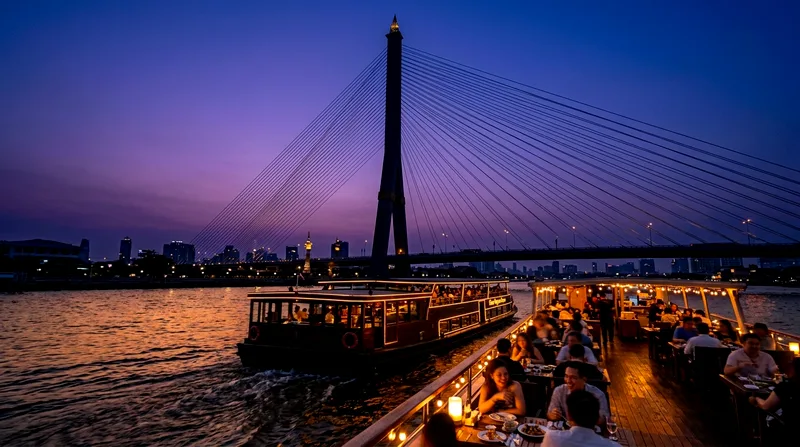 Purple-blue sunset sky behind Rama VIII Bridge with cruise boat in foreground