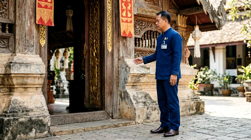 Temple staff member's uniform showing proper long sleeves and covered shoulders