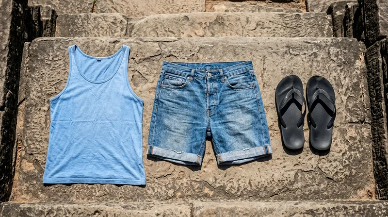 Incorrect clothing items including sleeveless top, short shorts, and flip-flops displayed