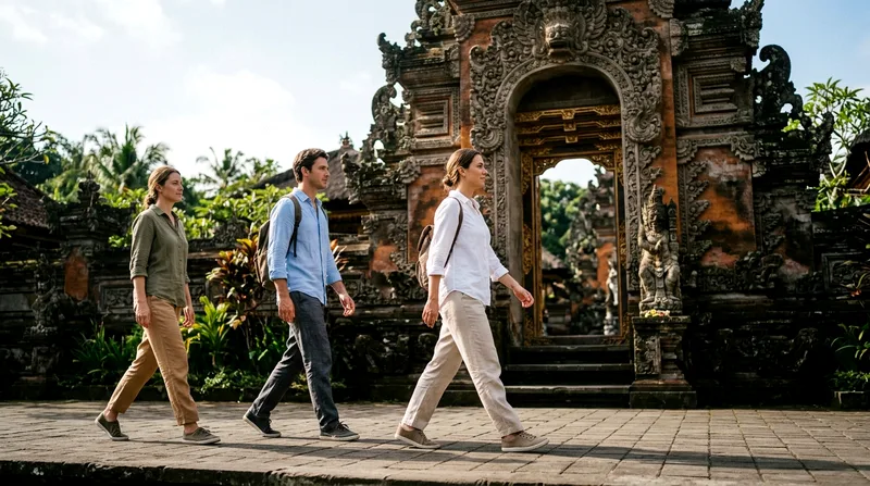 Visitors in proper long linen trousers and long-sleeve cotton shirts entering temple