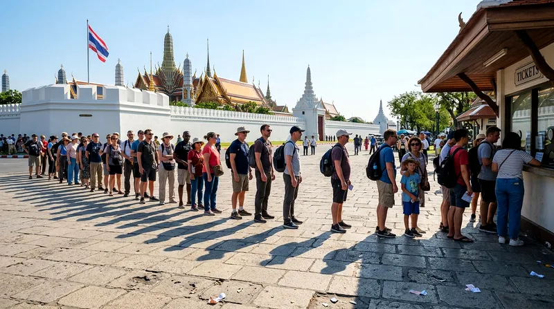 Crowds queuing outside Grand Palace ticket booth in morning light
