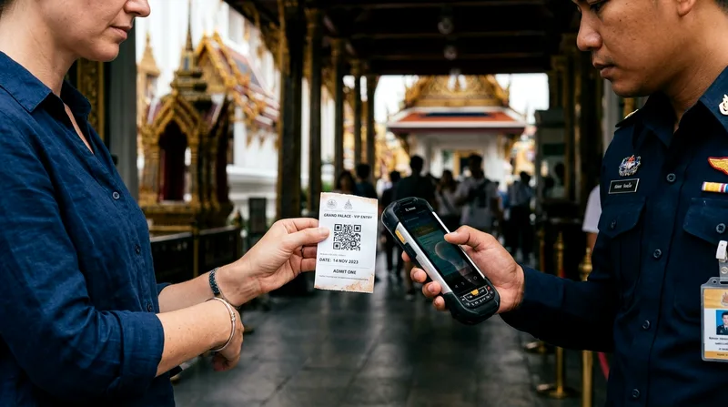 Visitor scanning skip-the-line ticket barcode at Grand Palace gate