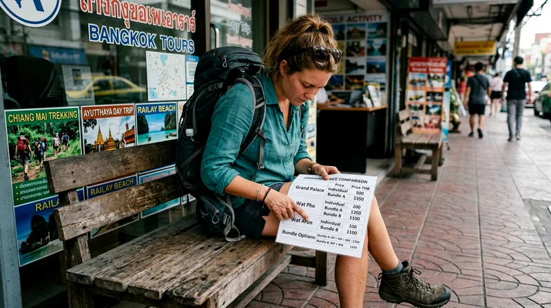 Traveler comparing printed temple pass price charts at table