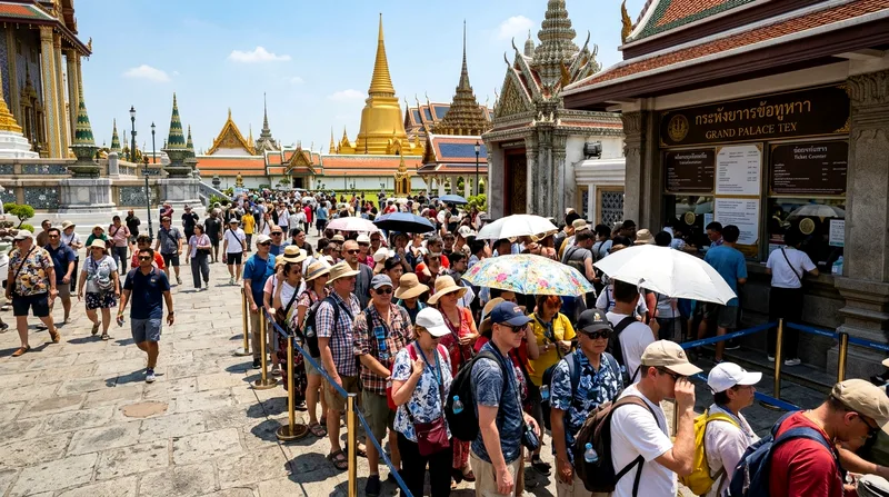 Long queue at Grand Palace ticket booth during midday hours