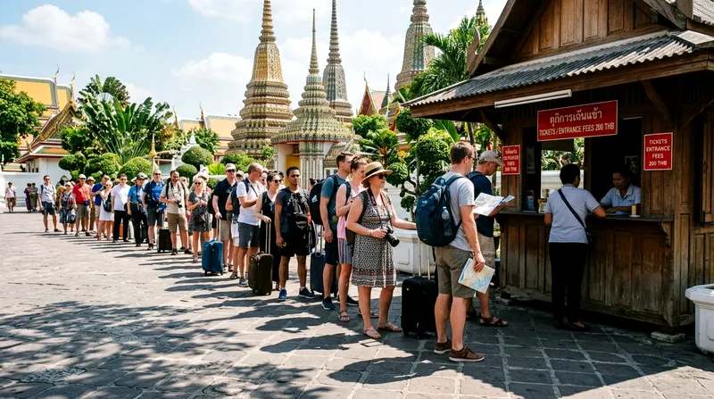 Visitors queuing at Wat Pho temple ticket booth in the morning