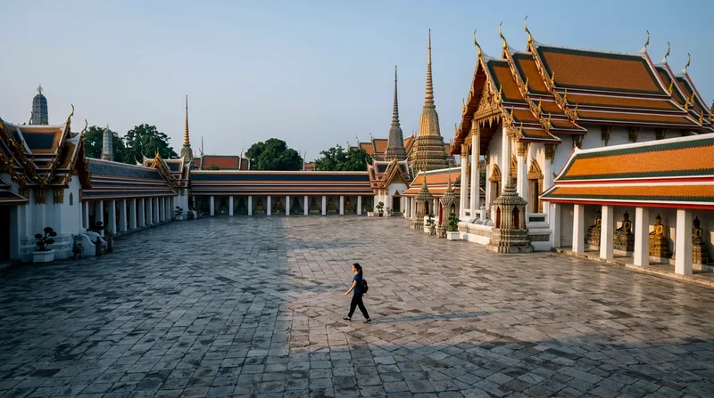 Solo traveler in empty Wat Pho courtyard at sunrise
