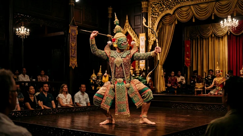 Khon masked dancer performing dramatic movement at Sala Chalermkrung