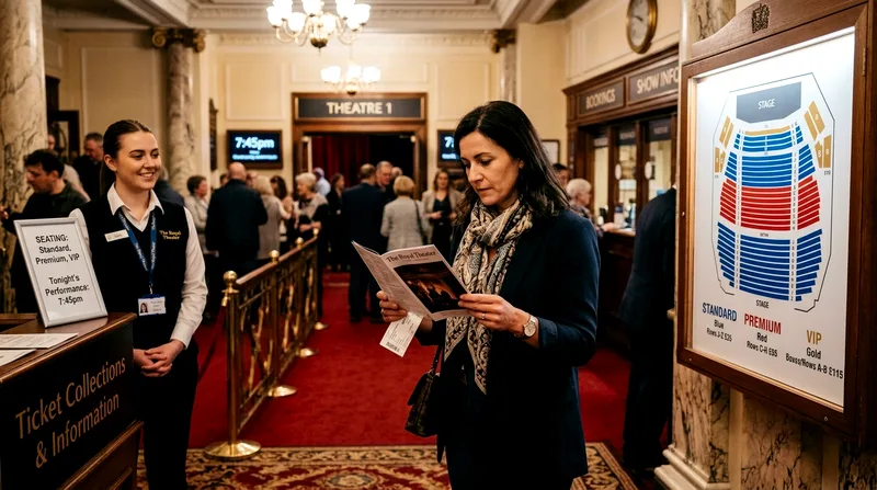 Tourist reading program and checking seating tiers at theater lobby