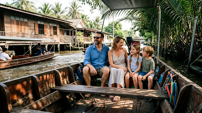 Family of four in longtail boat on narrow khlong with wooden houses