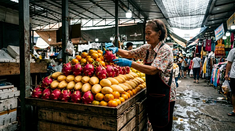 Vendor arranging colorful fresh produce pyramids at market stall