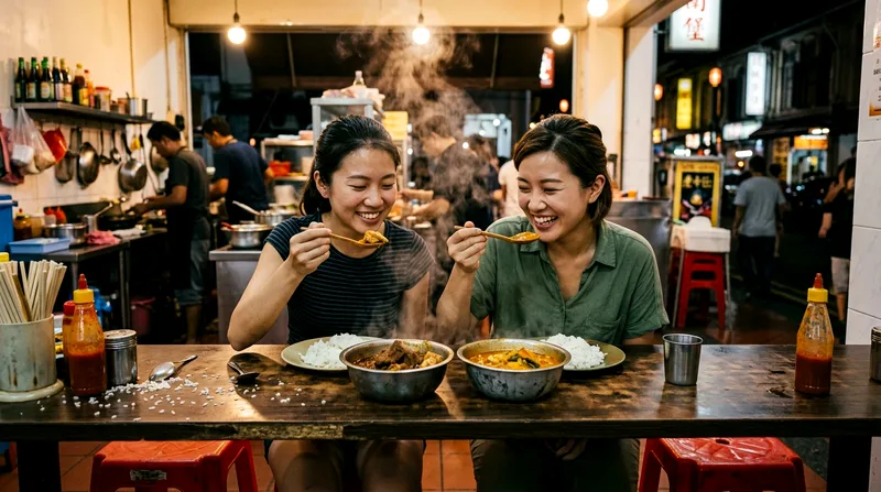 Two tourists tasting curry bowls at streetside khao gaeng stall