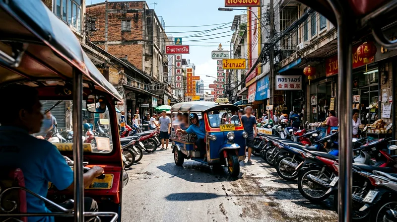 Tuk-tuk navigating narrow Chinatown alley toward Wat Pho temple entrance