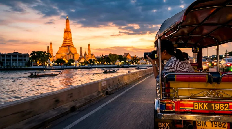 Tourist photographing illuminated Wat Arun across Chao Phraya River from tuk-tuk